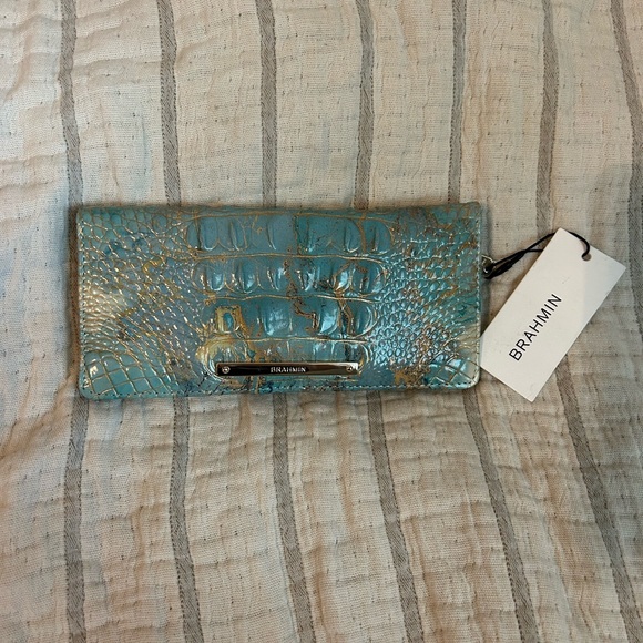 Brahmin Melbourne ADY Slim Bifold Wallet Clutch SERENDIPITY Turquoise Blue Nwt - Picture 1 of 5